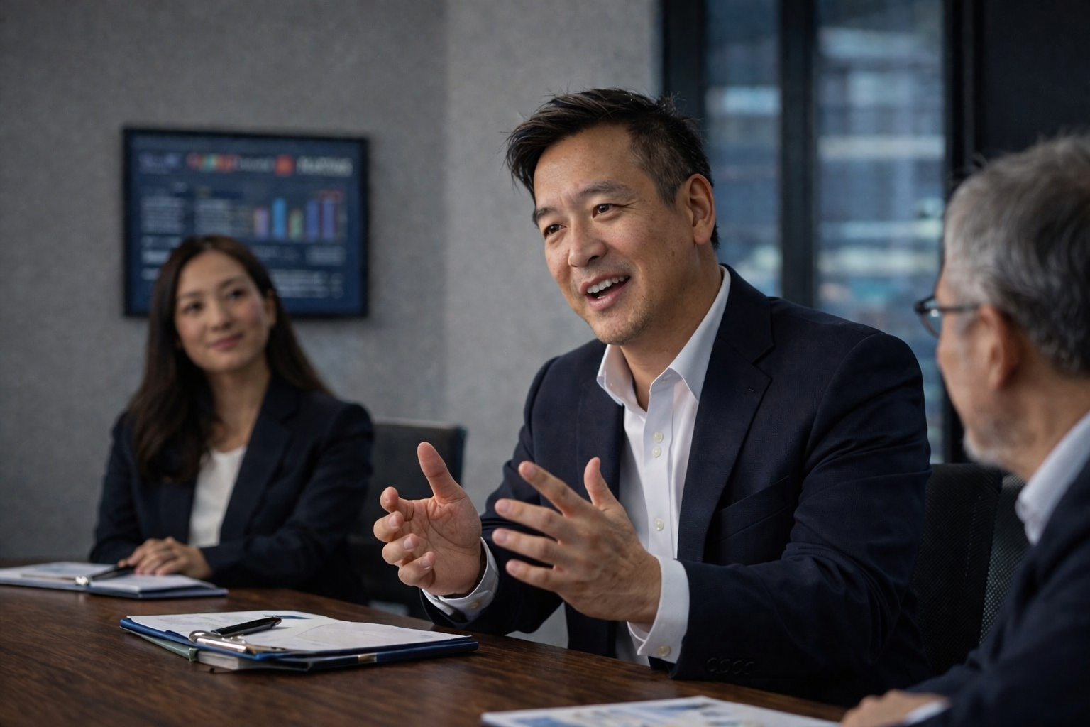 Brady Onishi speaking in a boardroom